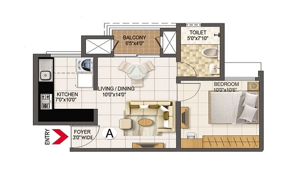 Typical Birla Ojasvi 1 BHK Floor Plan 680sqft