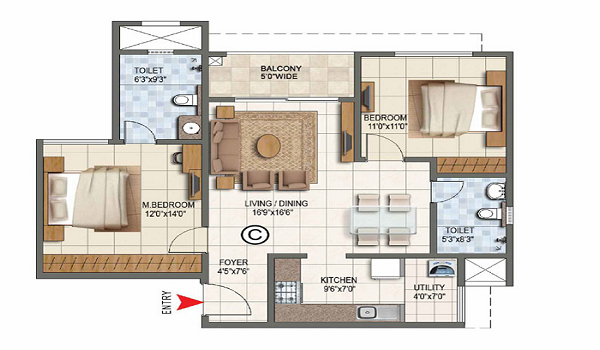 Typical Birla Ojasvi 2 BHK Floor Plan 680sqft